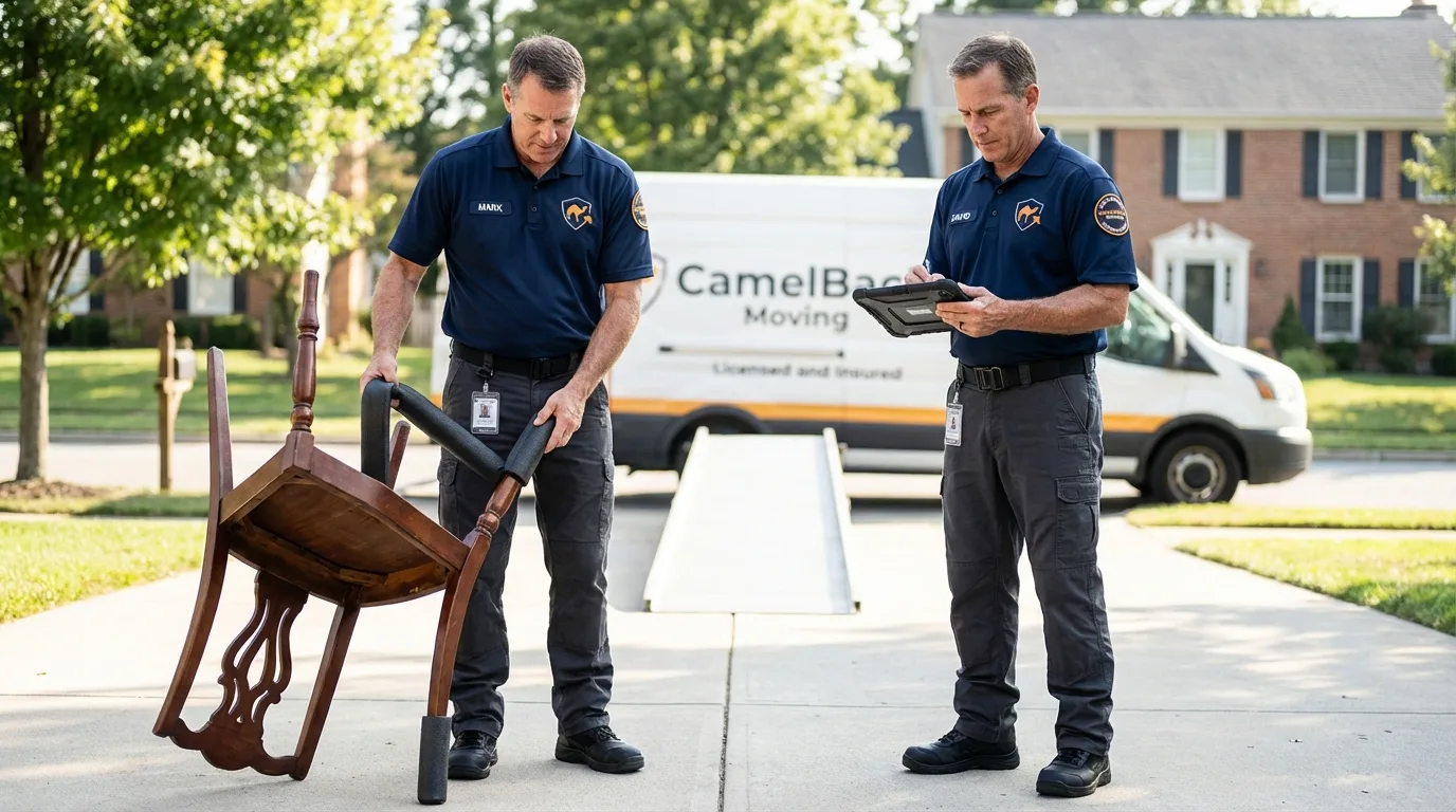 Movers inspecting furniture for damage prevention before loading in Palmyra, PA