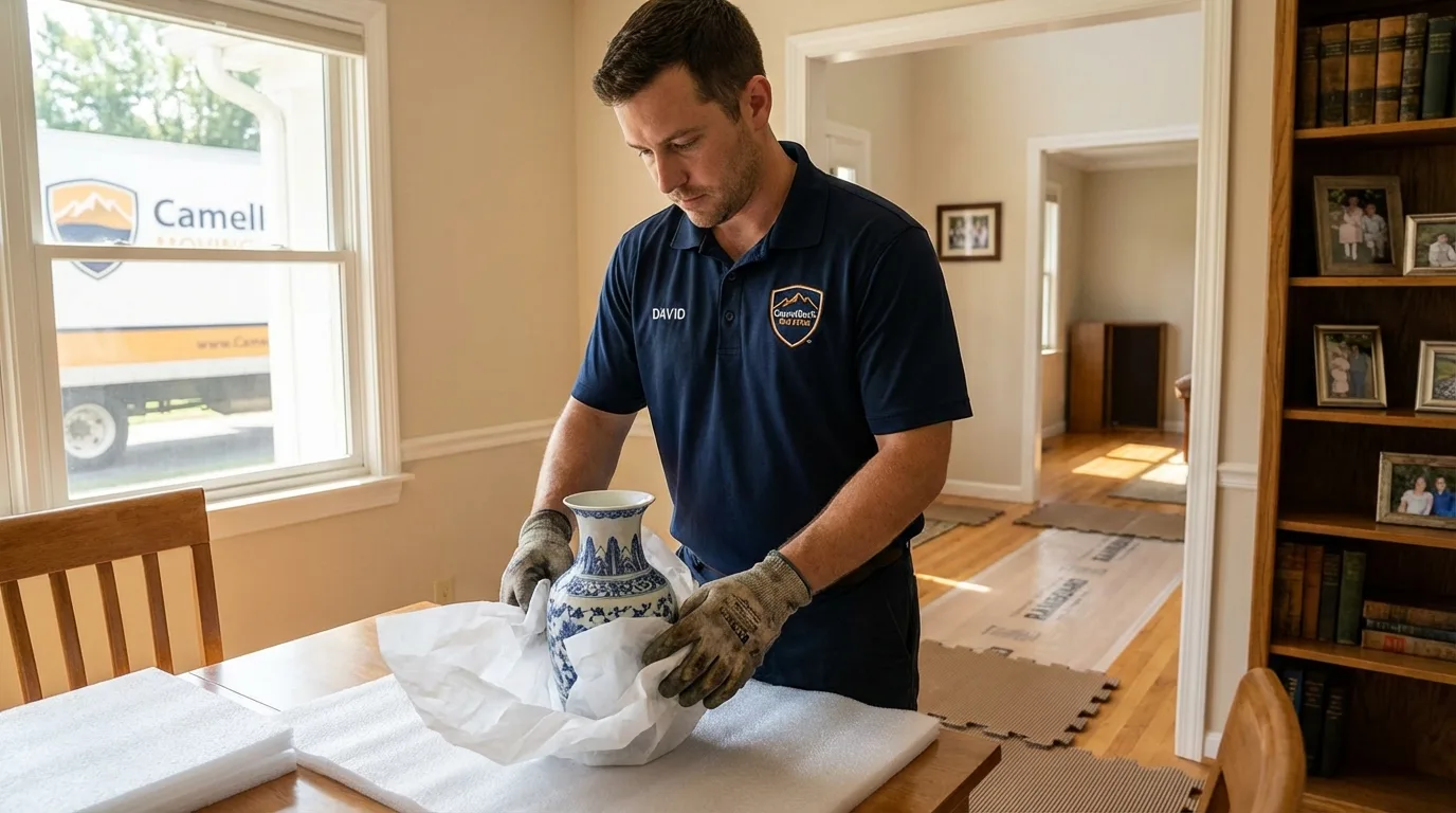 Professional crew carefully wrapping antique vase for senior downsizing move in Palmyra, PA
